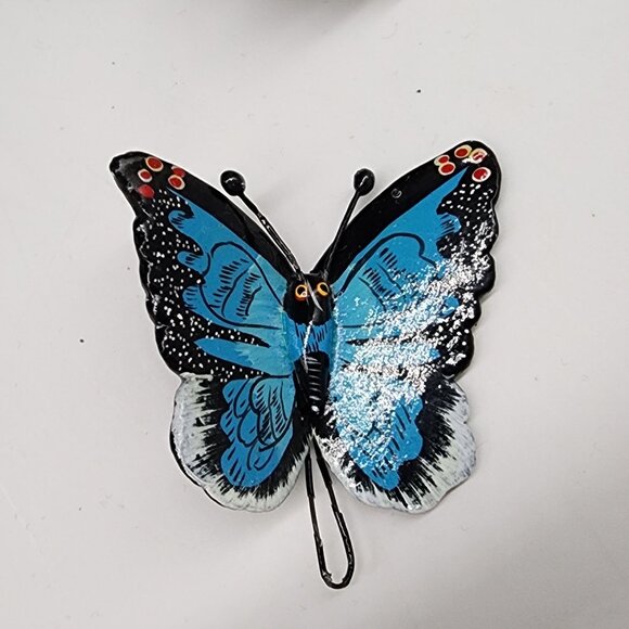 Hand Painted Ceramic Butterfly Wall Decor Hanging Blue & Black Set of 4 - Picture 4 of 8
